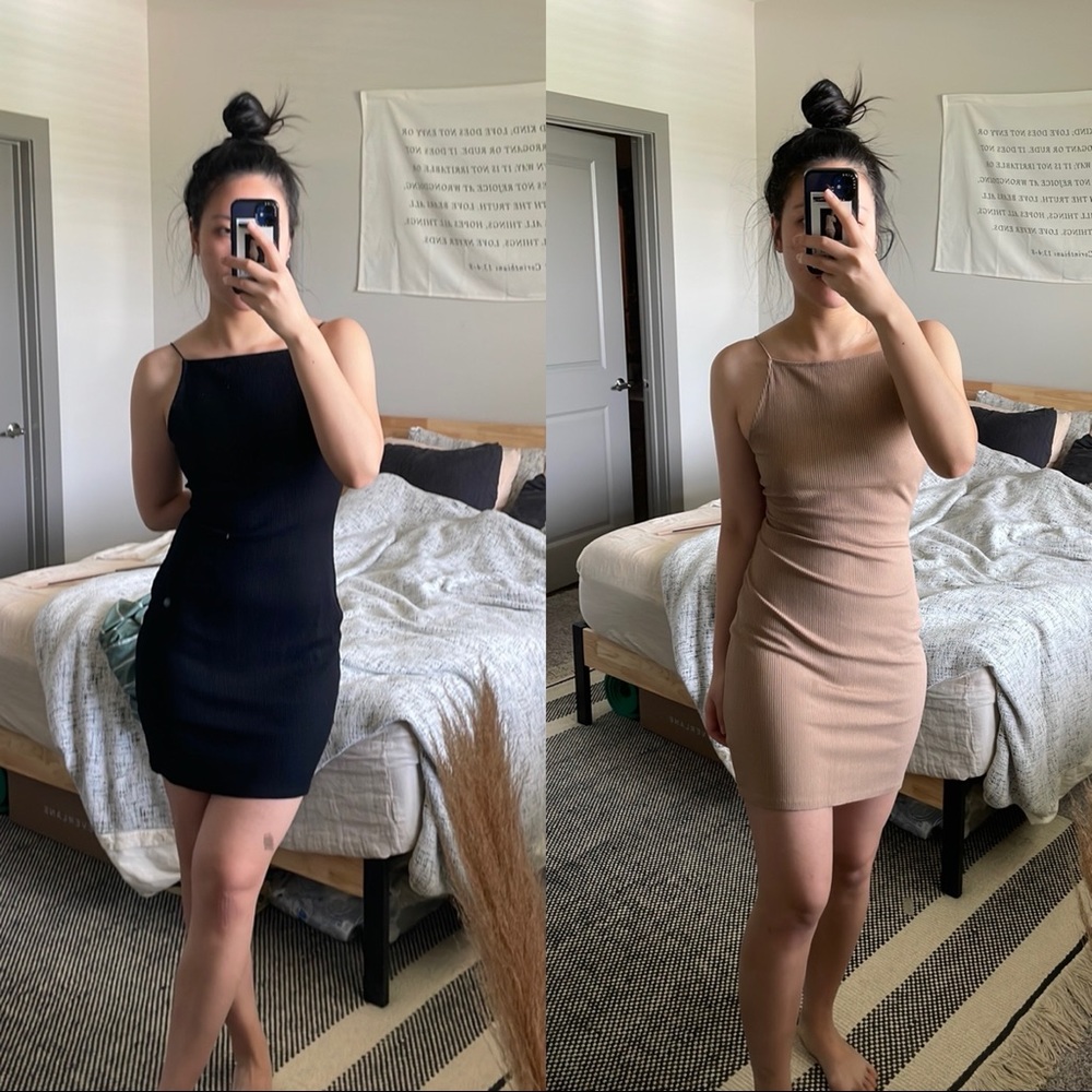 H&M NWT Black and NWOT Tan, ribbed strappy high neck dresses, size small